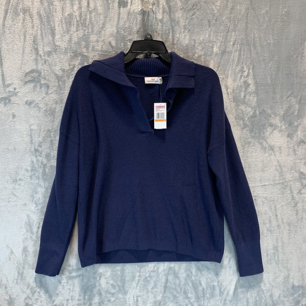 Vineyard Vines Womens Ribbed Polo Sweater S Collar Nautical Navy Blue Wool Blend